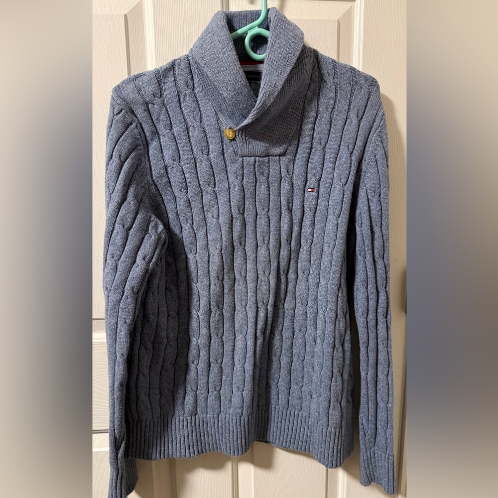 Tommy Hilfiger Men’s Cable Knit V-Neck Shawl Neck Sweater Slate Blue Size Large
